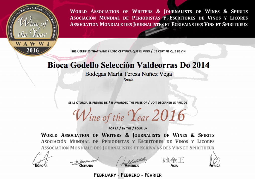 Wine of the year certification from the WAWJ 2016